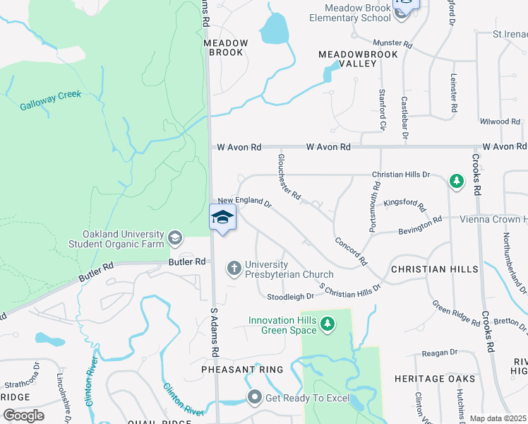 map of restaurants, bars, coffee shops, grocery stores, and more near 2764 New England Drive in Rochester Hills