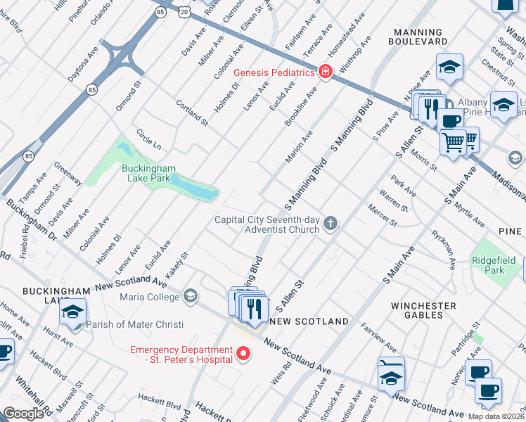 map of restaurants, bars, coffee shops, grocery stores, and more near 195 Marion Avenue in Albany