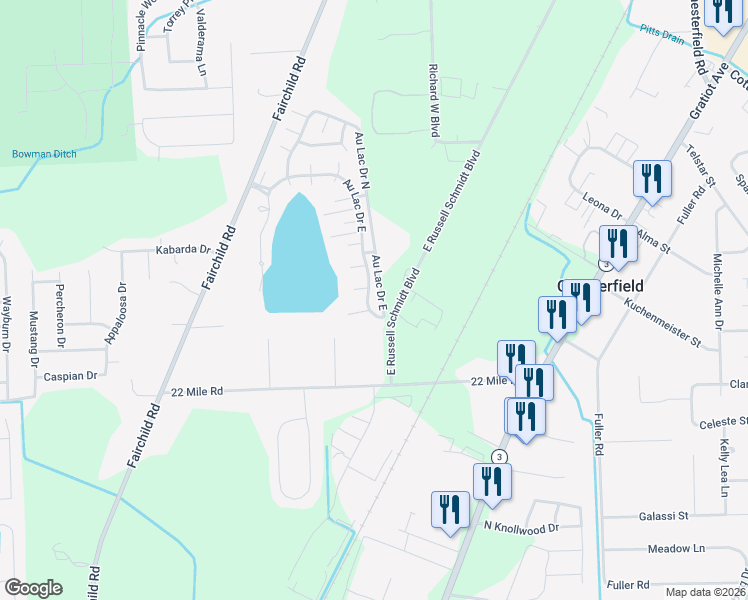 map of restaurants, bars, coffee shops, grocery stores, and more near 49352 Au Lac Drive East in New Baltimore