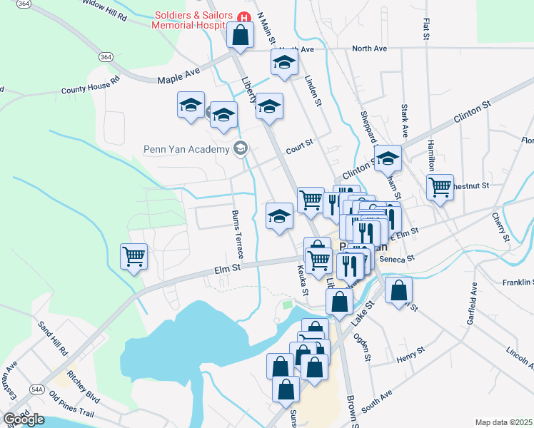 map of restaurants, bars, coffee shops, grocery stores, and more near 99 Violet Avenue in Penn Yan