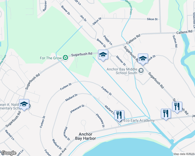 map of restaurants, bars, coffee shops, grocery stores, and more near 48245 Forbes Street in New Baltimore