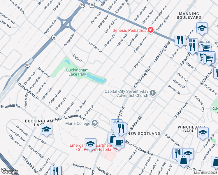 map of restaurants, bars, coffee shops, grocery stores, and more near 24 Upton Road in Albany