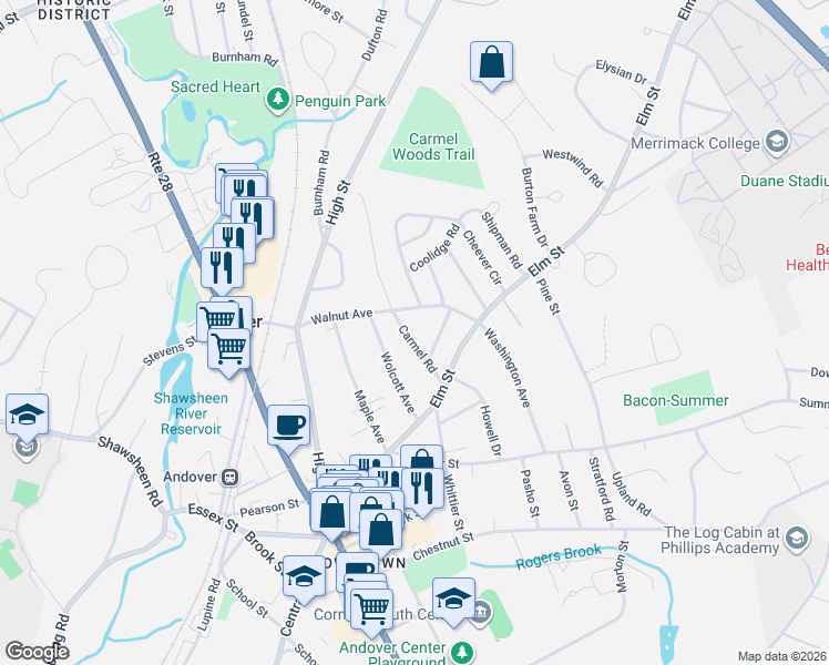 map of restaurants, bars, coffee shops, grocery stores, and more near 13 Carmel Road in Andover