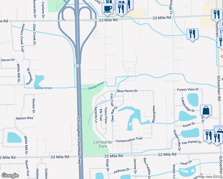 map of restaurants, bars, coffee shops, grocery stores, and more near 50561 Park Drive in Utica