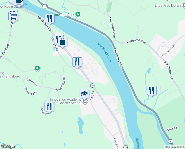 map of restaurants, bars, coffee shops, grocery stores, and more near 3 Merrimac Way in Tyngsborough