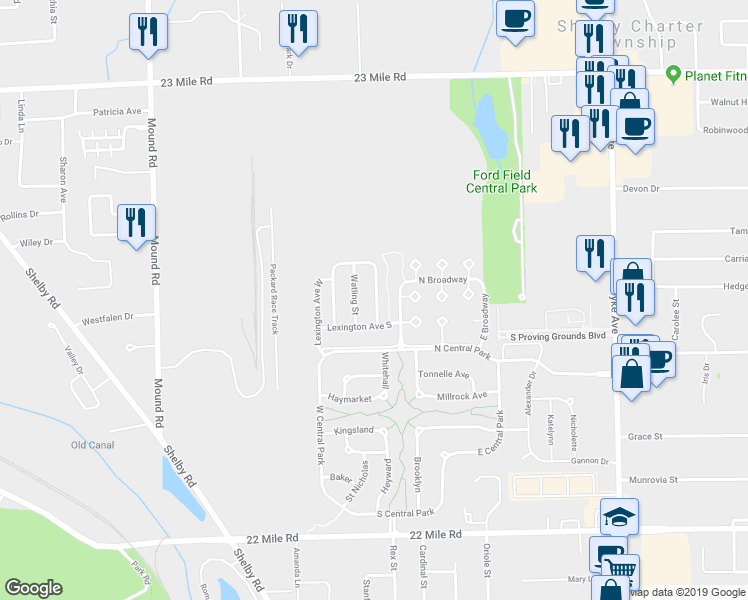 map of restaurants, bars, coffee shops, grocery stores, and more near 50029 Lexington Avenue East in Utica