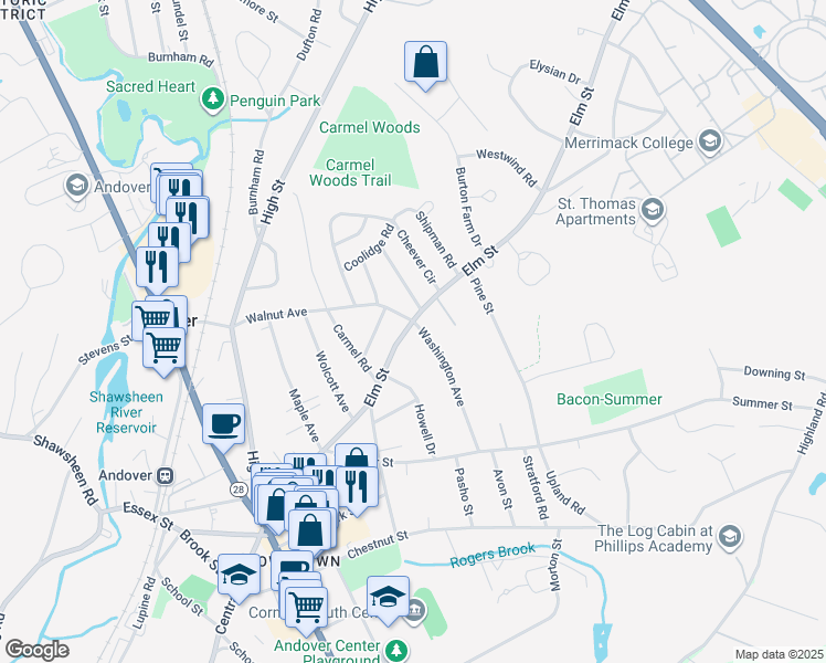 map of restaurants, bars, coffee shops, grocery stores, and more near 109 Elm Street in Andover