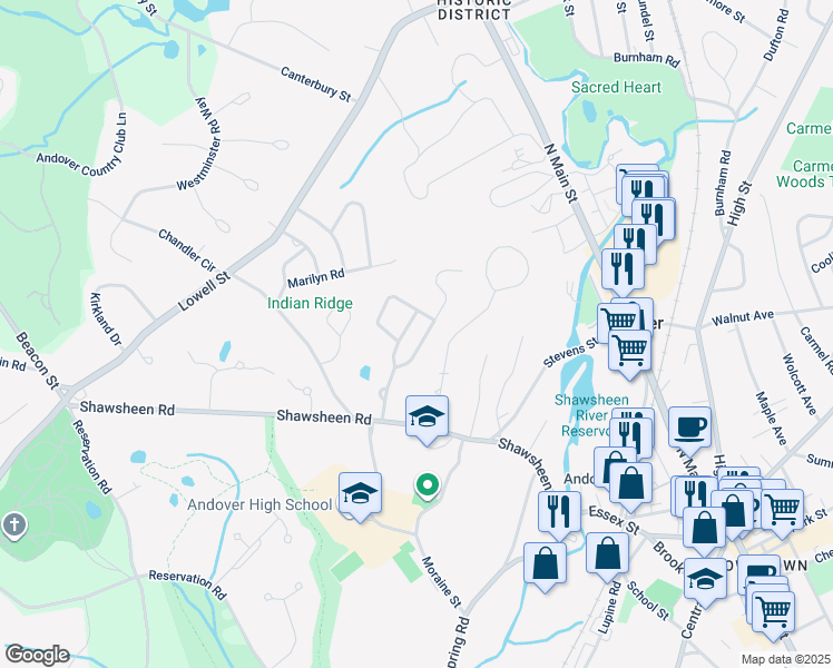 map of restaurants, bars, coffee shops, grocery stores, and more near 32 Lillian Terrace in Andover