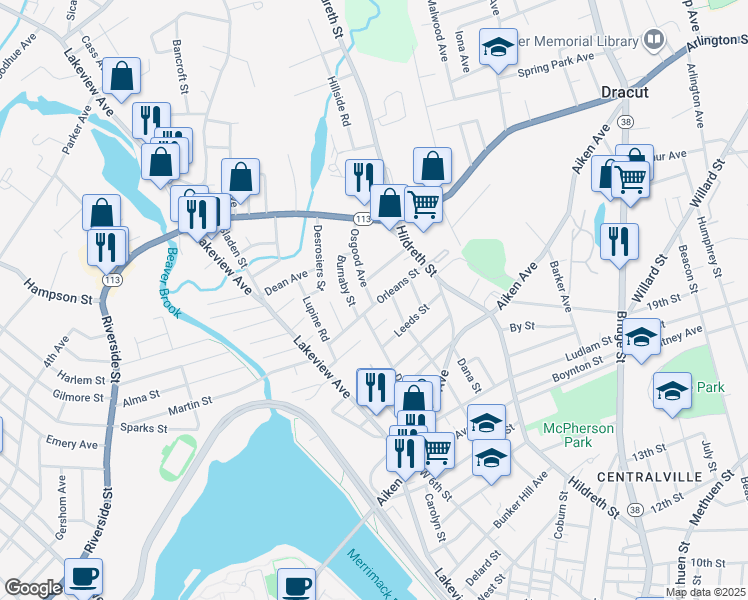 map of restaurants, bars, coffee shops, grocery stores, and more near 11 Osgood Avenue in Lowell