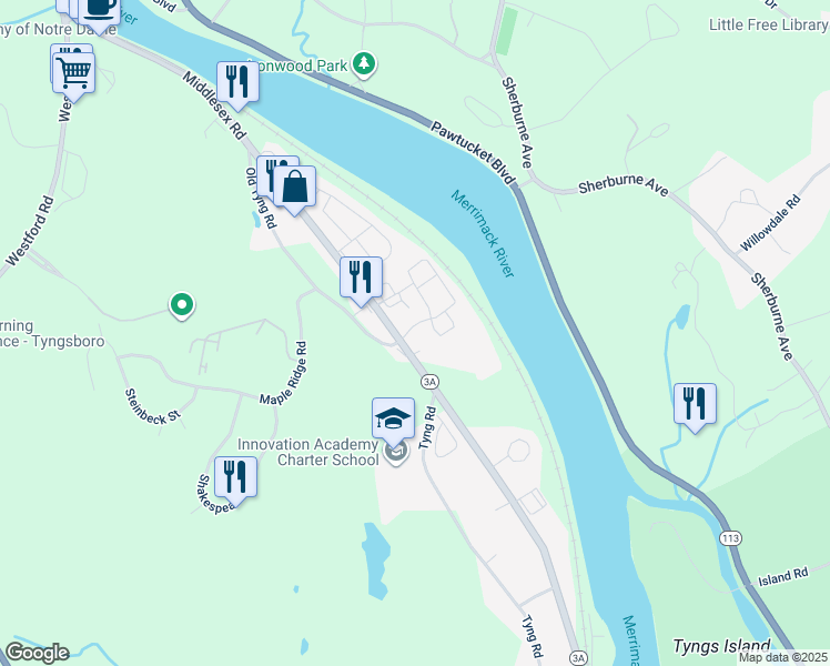 map of restaurants, bars, coffee shops, grocery stores, and more near 20 Merrimac Way in Tyngsborough