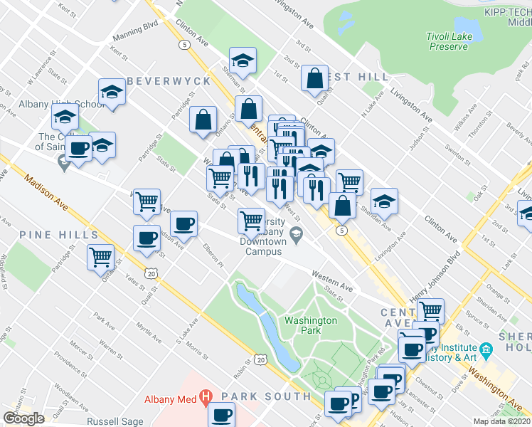 map of restaurants, bars, coffee shops, grocery stores, and more near 50 West Street in Albany