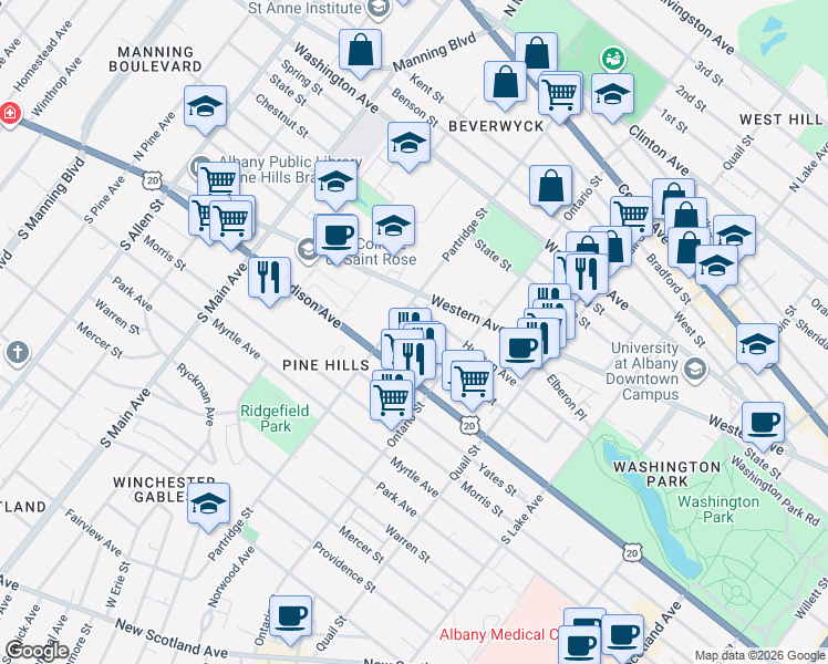 map of restaurants, bars, coffee shops, grocery stores, and more near 326 Western Avenue in Albany