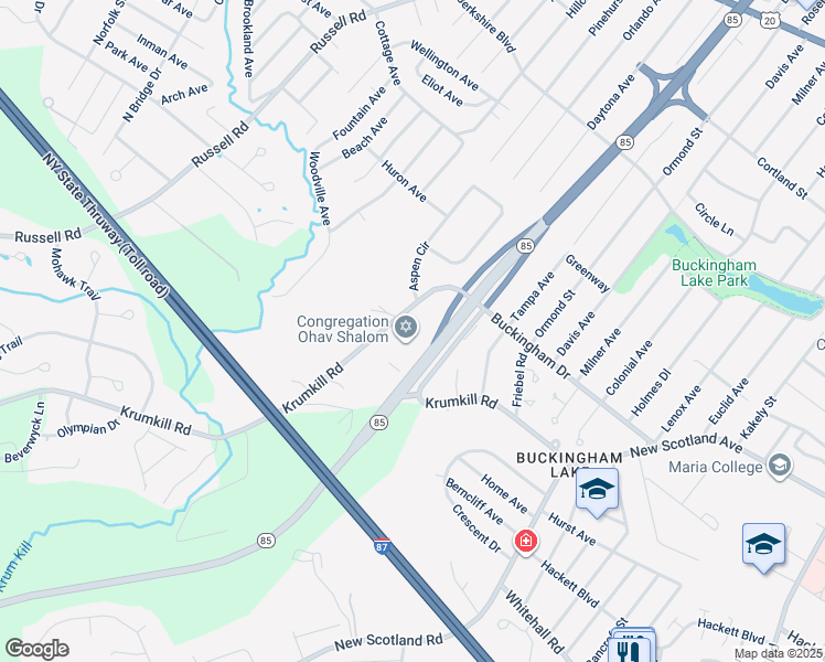 map of restaurants, bars, coffee shops, grocery stores, and more near 44 Eustis Road in Albany