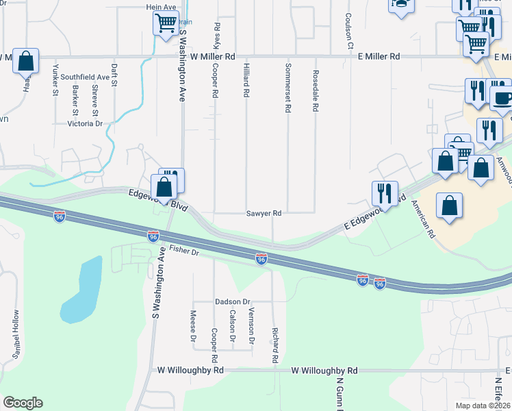 map of restaurants, bars, coffee shops, grocery stores, and more near 6515 Hilliard Road in Lansing