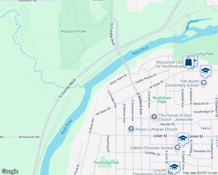 map of restaurants, bars, coffee shops, grocery stores, and more near 2526 River View Drive in Janesville