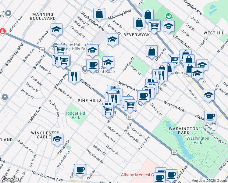 map of restaurants, bars, coffee shops, grocery stores, and more near 326 Western Avenue in Albany