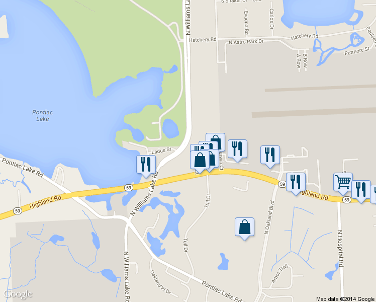 map of restaurants, bars, coffee shops, grocery stores, and more near 6500 Highland Road in Waterford Township