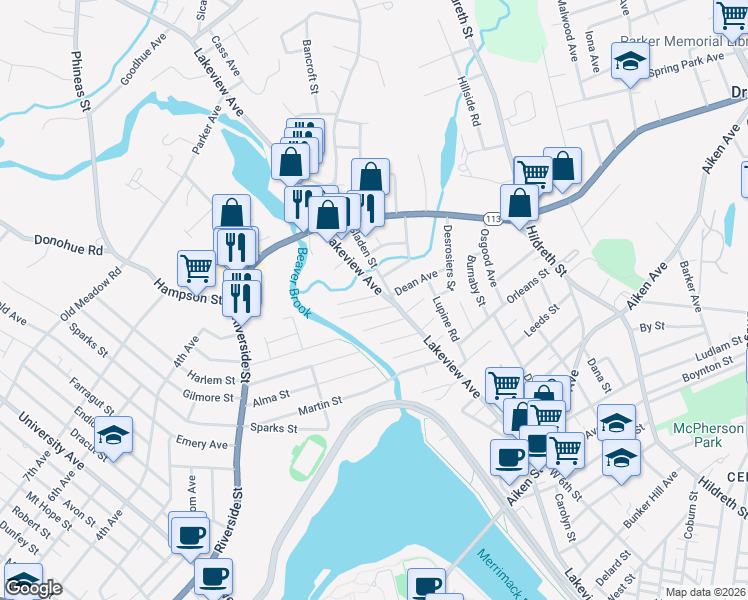 map of restaurants, bars, coffee shops, grocery stores, and more near 23 Sladen Street in Lowell