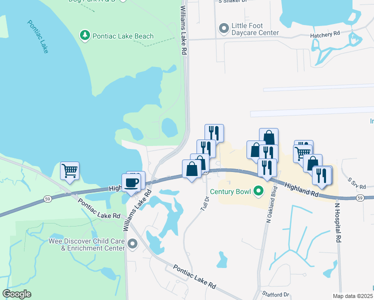 map of restaurants, bars, coffee shops, grocery stores, and more near 6500 Highland Road in Waterford Township