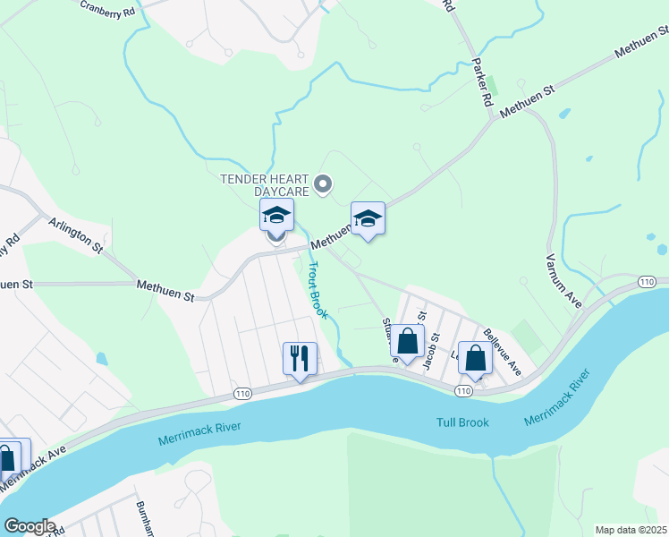 map of restaurants, bars, coffee shops, grocery stores, and more near 140 Stuart Avenue in Dracut