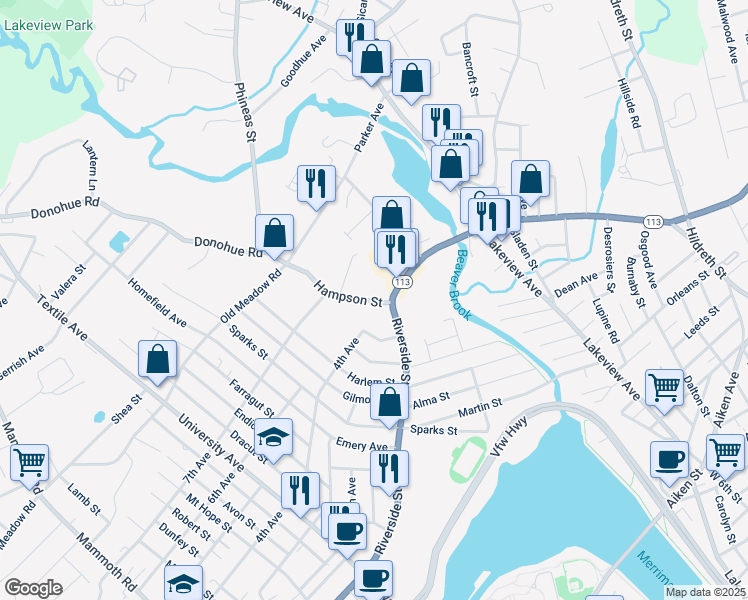 map of restaurants, bars, coffee shops, grocery stores, and more near 17 Hampson Street in Dracut