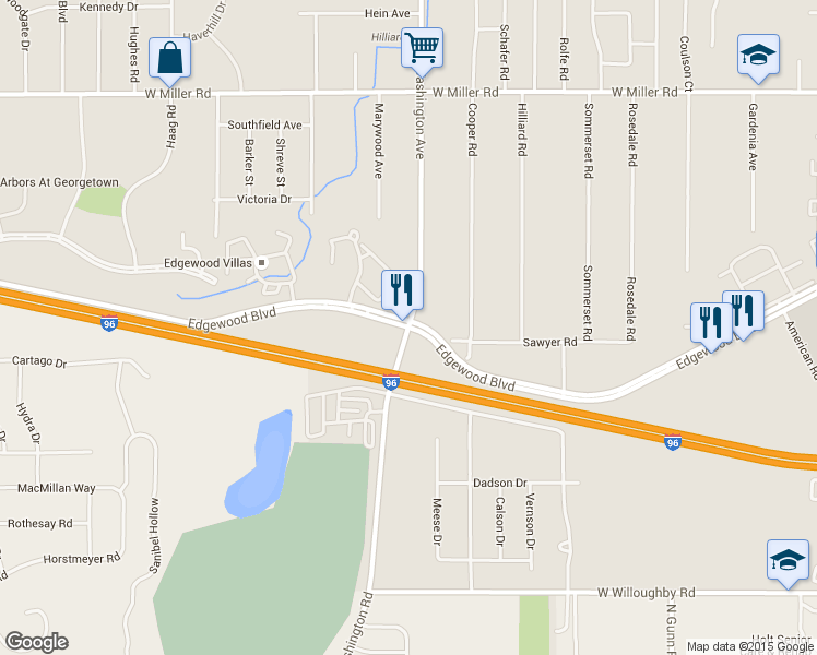 map of restaurants, bars, coffee shops, grocery stores, and more near S Washington Ave & Edgewood Blvd in Lansing