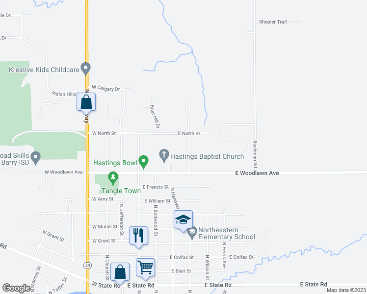 map of restaurants, bars, coffee shops, grocery stores, and more near 1536 North East Street in Hastings