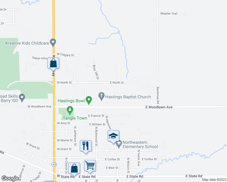 map of restaurants, bars, coffee shops, grocery stores, and more near 326 East North Street in Hastings