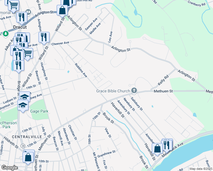 map of restaurants, bars, coffee shops, grocery stores, and more near 38 Robbins Avenue in Dracut