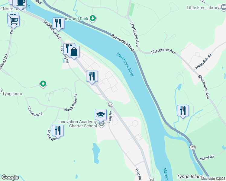 map of restaurants, bars, coffee shops, grocery stores, and more near 11 Merrimac Way in Tyngsborough