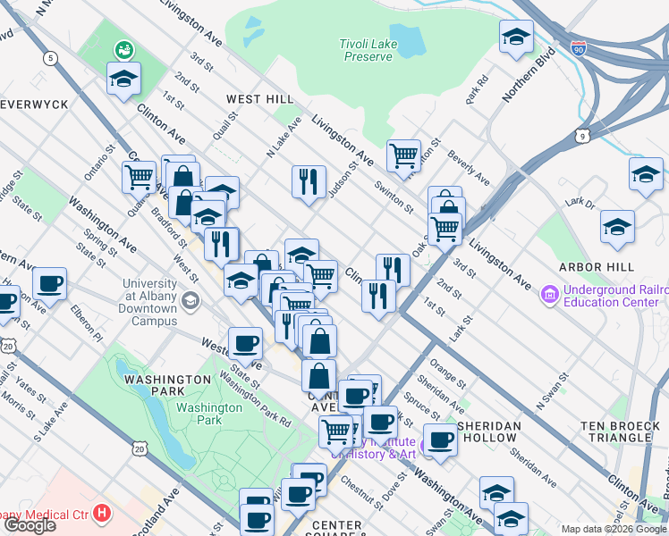 map of restaurants, bars, coffee shops, grocery stores, and more near 440 Clinton Avenue in Albany