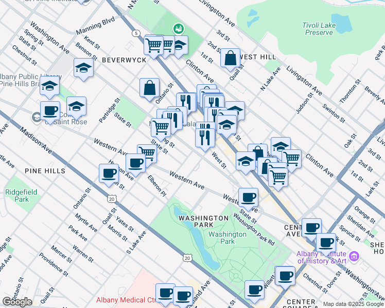map of restaurants, bars, coffee shops, grocery stores, and more near 50 West Street in Albany