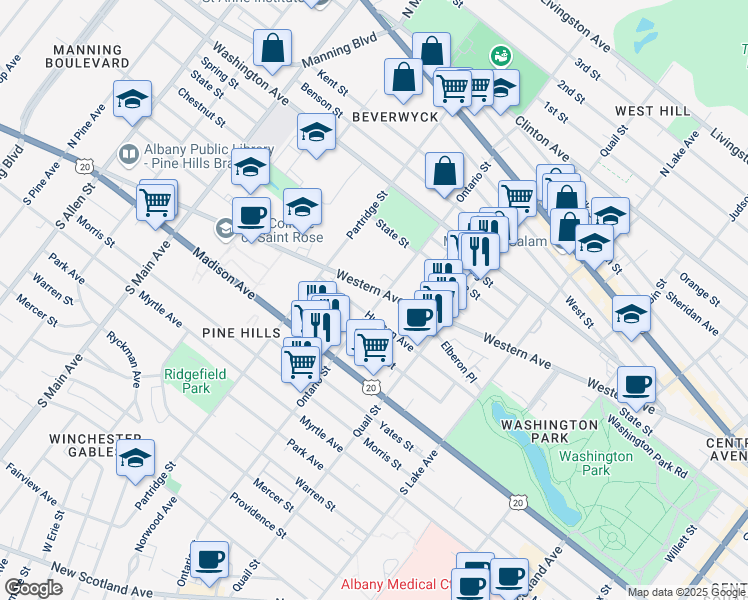 map of restaurants, bars, coffee shops, grocery stores, and more near 279 Western Avenue in Albany