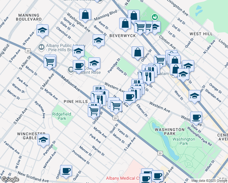 map of restaurants, bars, coffee shops, grocery stores, and more near 279 Western Avenue in Albany