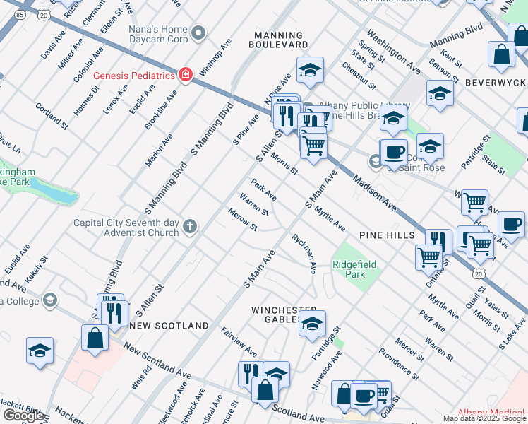 map of restaurants, bars, coffee shops, grocery stores, and more near 881 Warren Street in Albany
