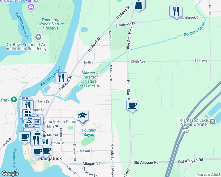 map of restaurants, bars, coffee shops, grocery stores, and more near 719 North Maple Street in Saugatuck