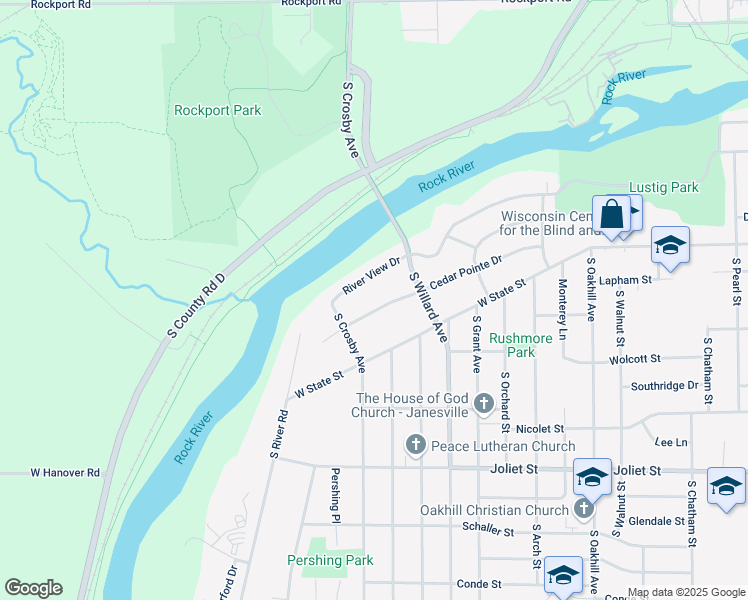 map of restaurants, bars, coffee shops, grocery stores, and more near 2501 River View Drive in Janesville