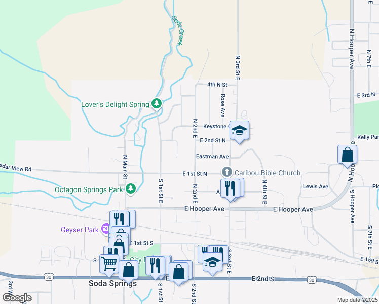 map of restaurants, bars, coffee shops, grocery stores, and more near 161 North 2nd East in Soda Springs