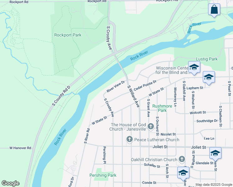 map of restaurants, bars, coffee shops, grocery stores, and more near 2501 River View Drive in Janesville