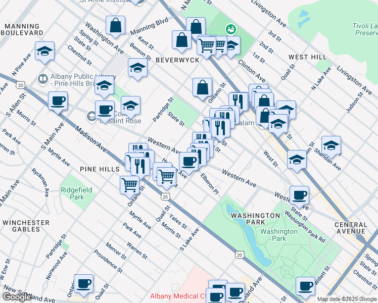 map of restaurants, bars, coffee shops, grocery stores, and more near 222 Ontario Street in Albany