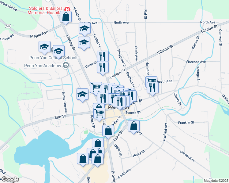 map of restaurants, bars, coffee shops, grocery stores, and more near 159 Main Street in Penn Yan
