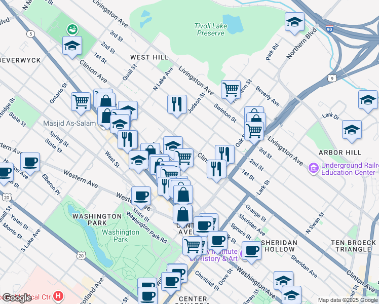 map of restaurants, bars, coffee shops, grocery stores, and more near 440 Clinton Avenue in Albany