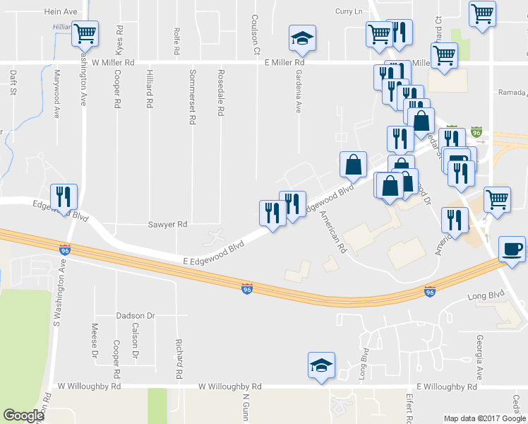 map of restaurants, bars, coffee shops, grocery stores, and more near 101 East Edgewood Boulevard in Lansing