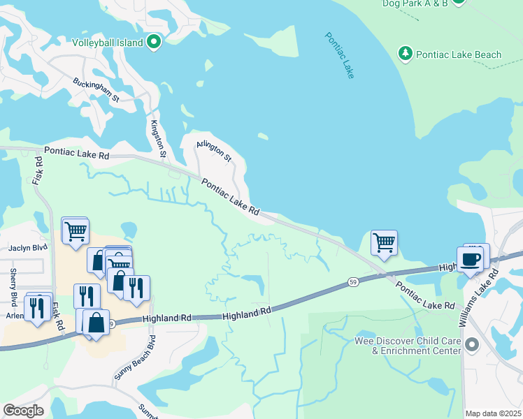 map of restaurants, bars, coffee shops, grocery stores, and more near 8615 Pontiac Lake Road in White Lake Township