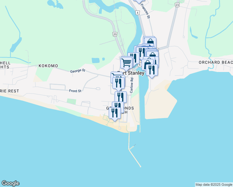 map of restaurants, bars, coffee shops, grocery stores, and more near 329 Erie Street in Port Stanley