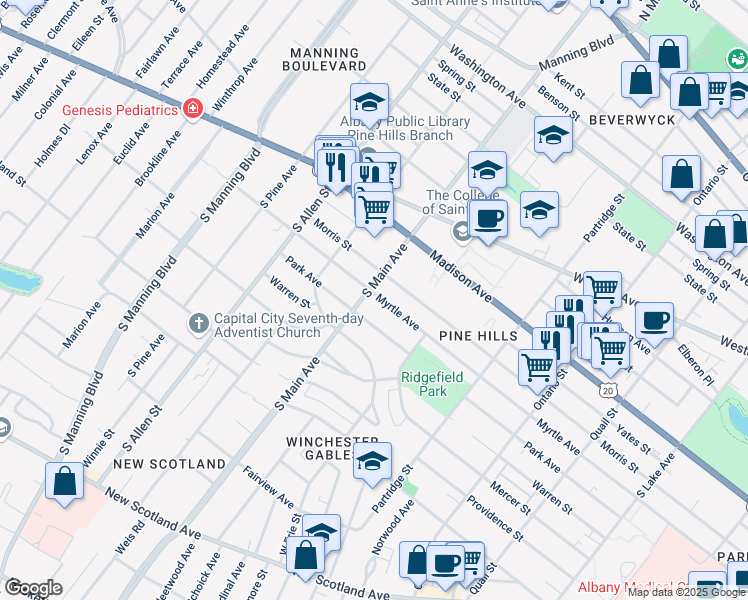 map of restaurants, bars, coffee shops, grocery stores, and more near 41 South Main Avenue in Albany