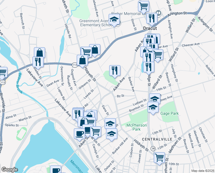 map of restaurants, bars, coffee shops, grocery stores, and more near in Lowell