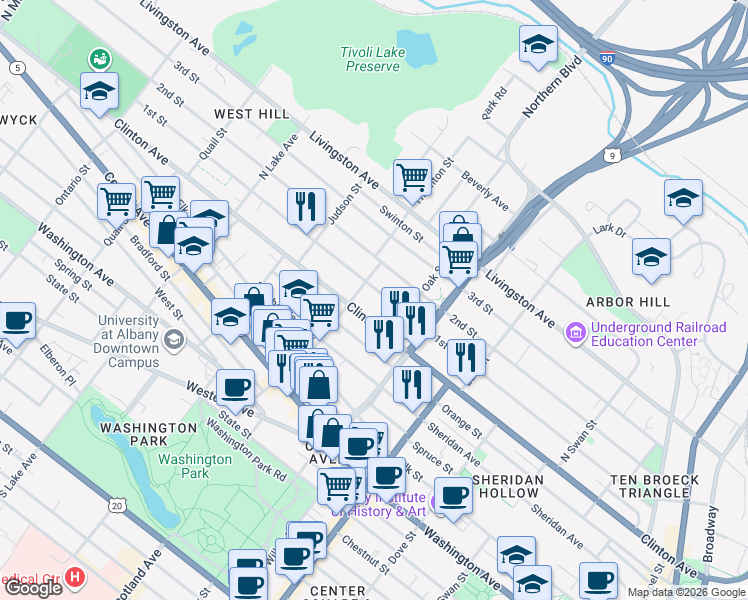 map of restaurants, bars, coffee shops, grocery stores, and more near 287 1st Street in Albany