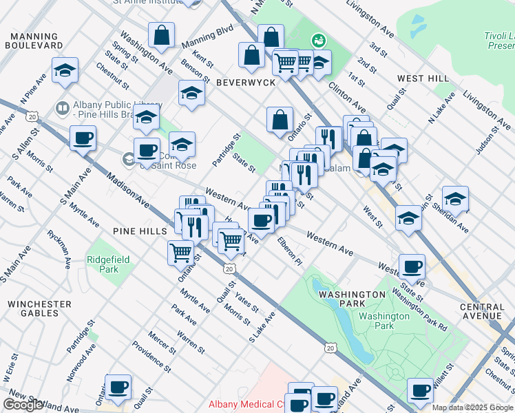 map of restaurants, bars, coffee shops, grocery stores, and more near 222 Ontario Street in Albany