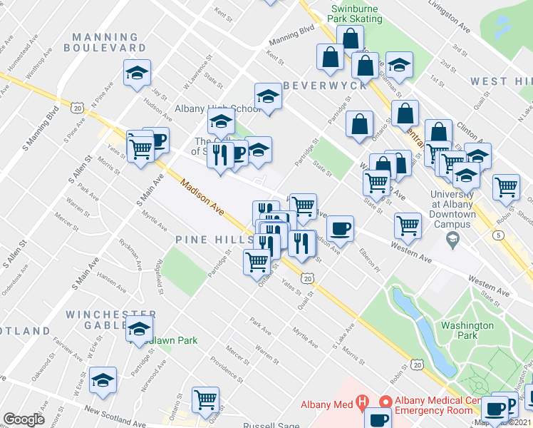 map of restaurants, bars, coffee shops, grocery stores, and more near 196 Partridge Street in Albany